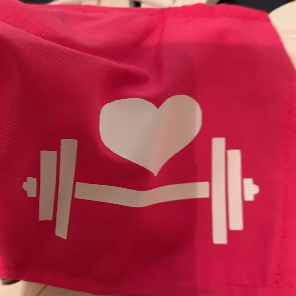 Cute Pink and White Handmade Face Mask with heart and barbell decal NWOT